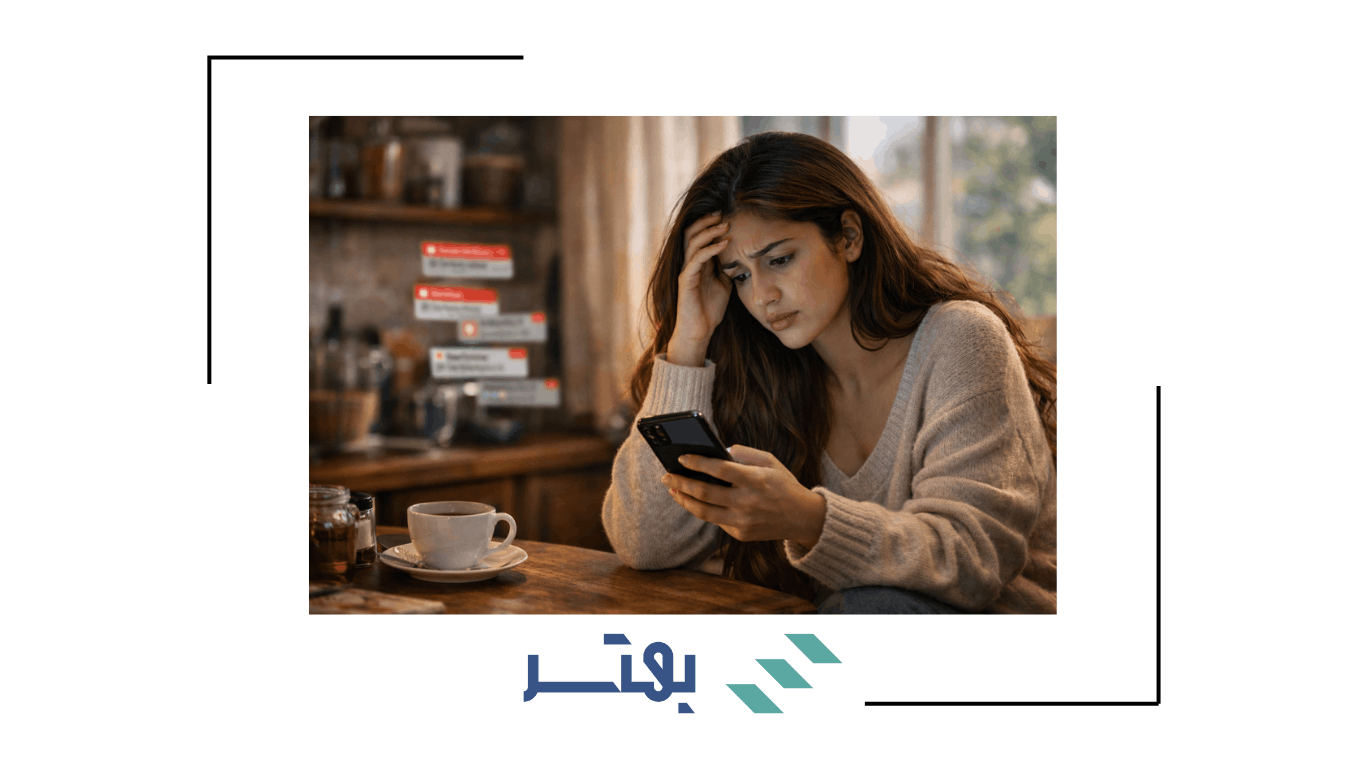 زنی که با دیدن خبرها روی گوشی دچار بیقراری و اضطراب میشود.